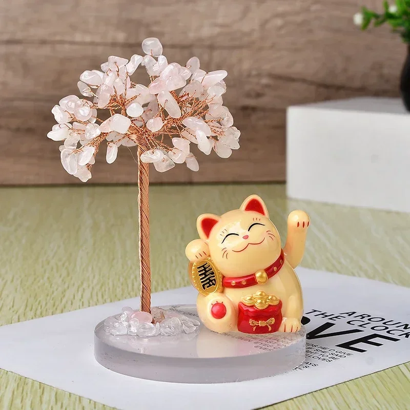 Lucky Cat Base Fate Tree Solar Energy Shake Hands Cat Natural Crystal Crushed Stone Life Tree Handwoven Office Desk Decoration