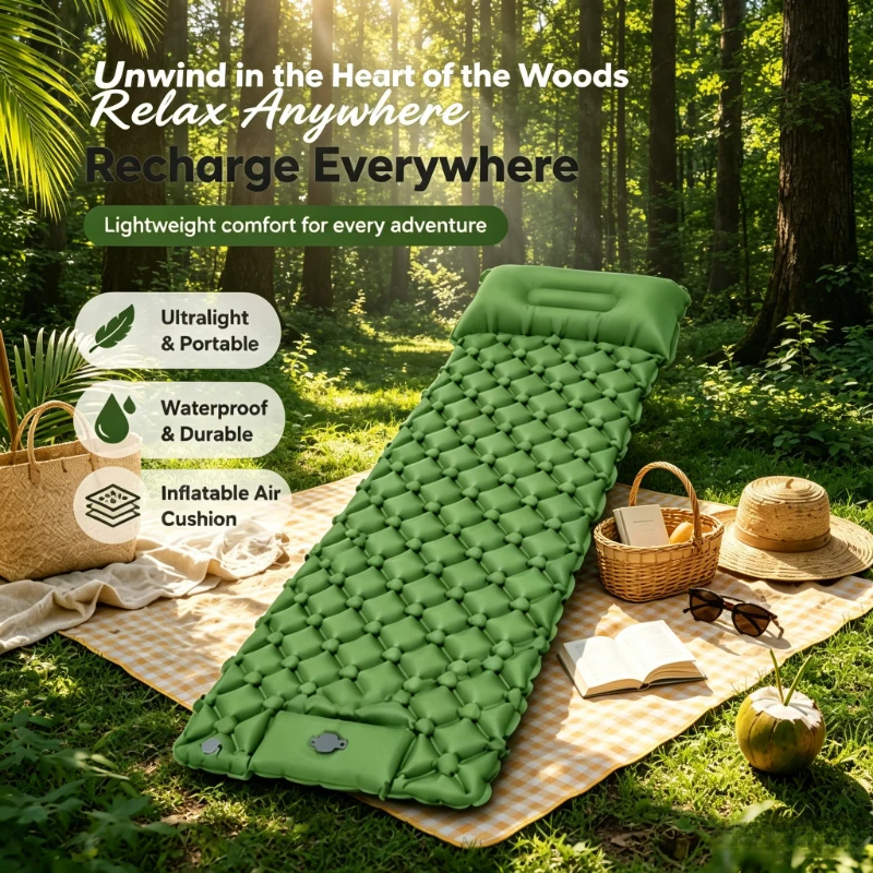 Ultralight Portable Inflatable Camping Sleeping Pad Built In Air Pump Pillow Air Bed For Outdoor Hiking Multi Day Travel Gear