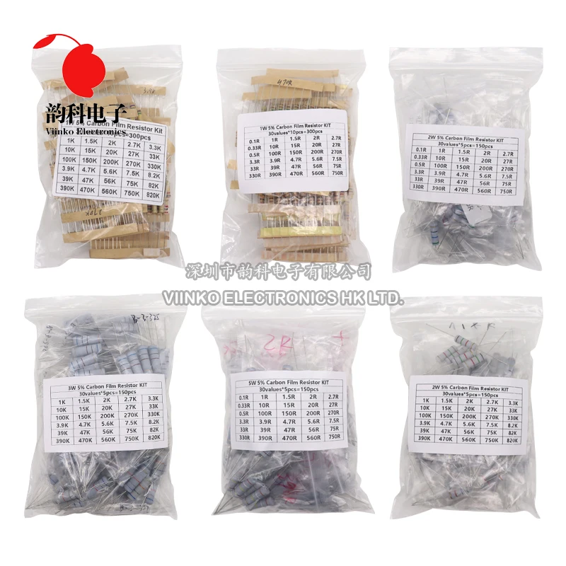 150PCS 300PCS 1W 2W 3W 5W Carbon Film Resistor Assortment Kit 5% Resistance Set 30Kinds 0.1-750 ohm 1K-820K DIY components