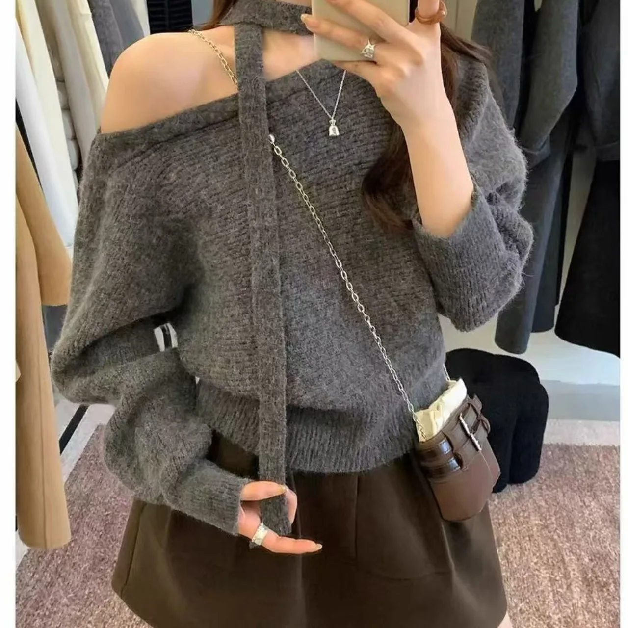 Soft Cozy Shoulder Bared Long Sleeve Knitted Sweater Casual Style Neck Hanging Design Slimming Effect Comfortable round Neck Top