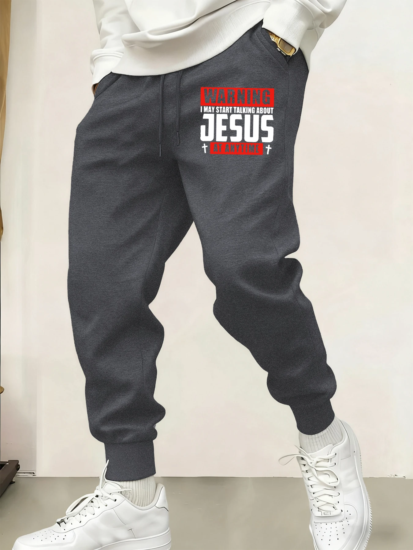 

I May Start Talking About Jesus Print Street Loose Britches Men Casual Fleece Sweatpants Pocket Autumn Trousers Sport Long Pant