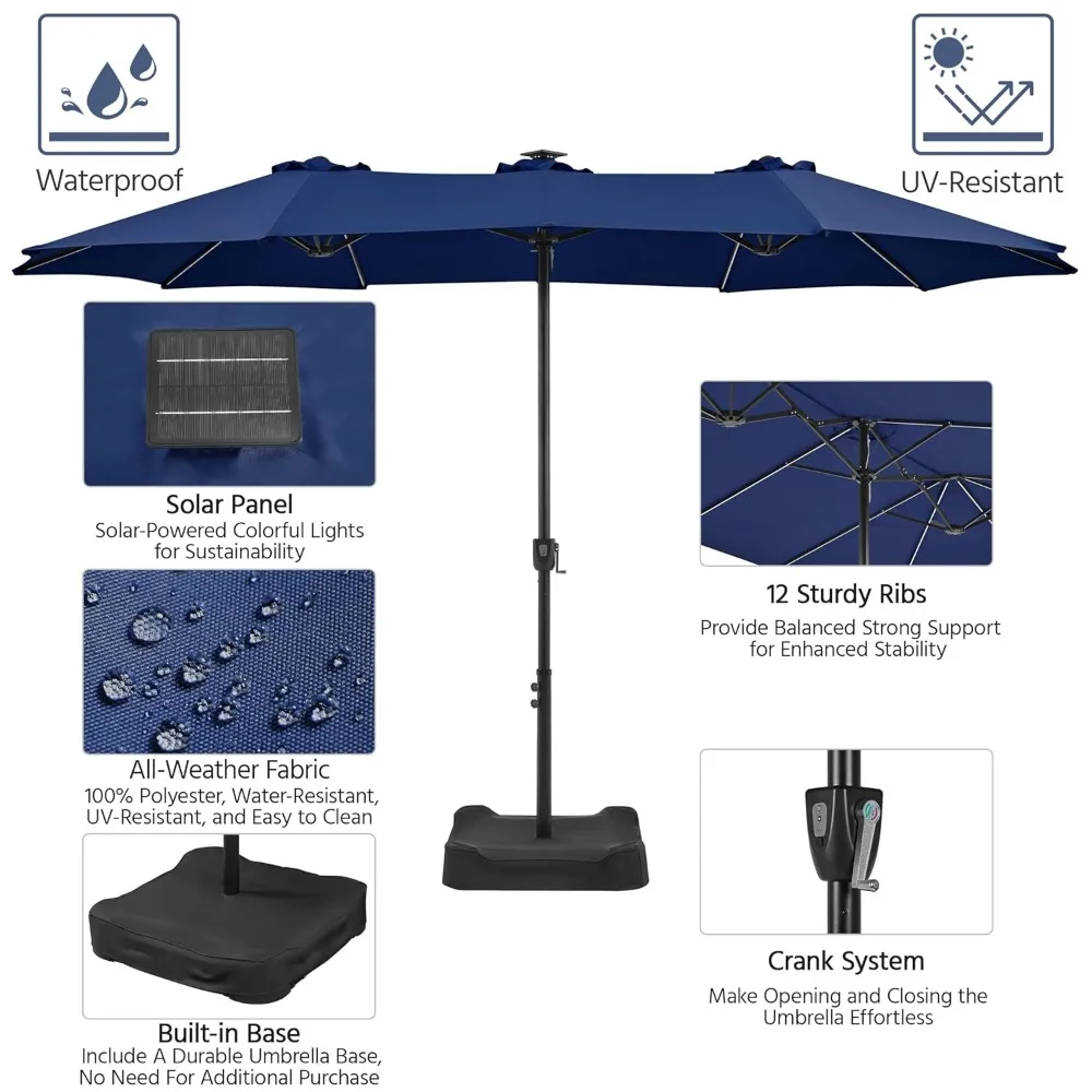 

15 Ft Large Patio Umbrella with Solar Lights, Double-Sided Rectangle Outdoor Market Umbrellas with Multi-Mode LED, Customized