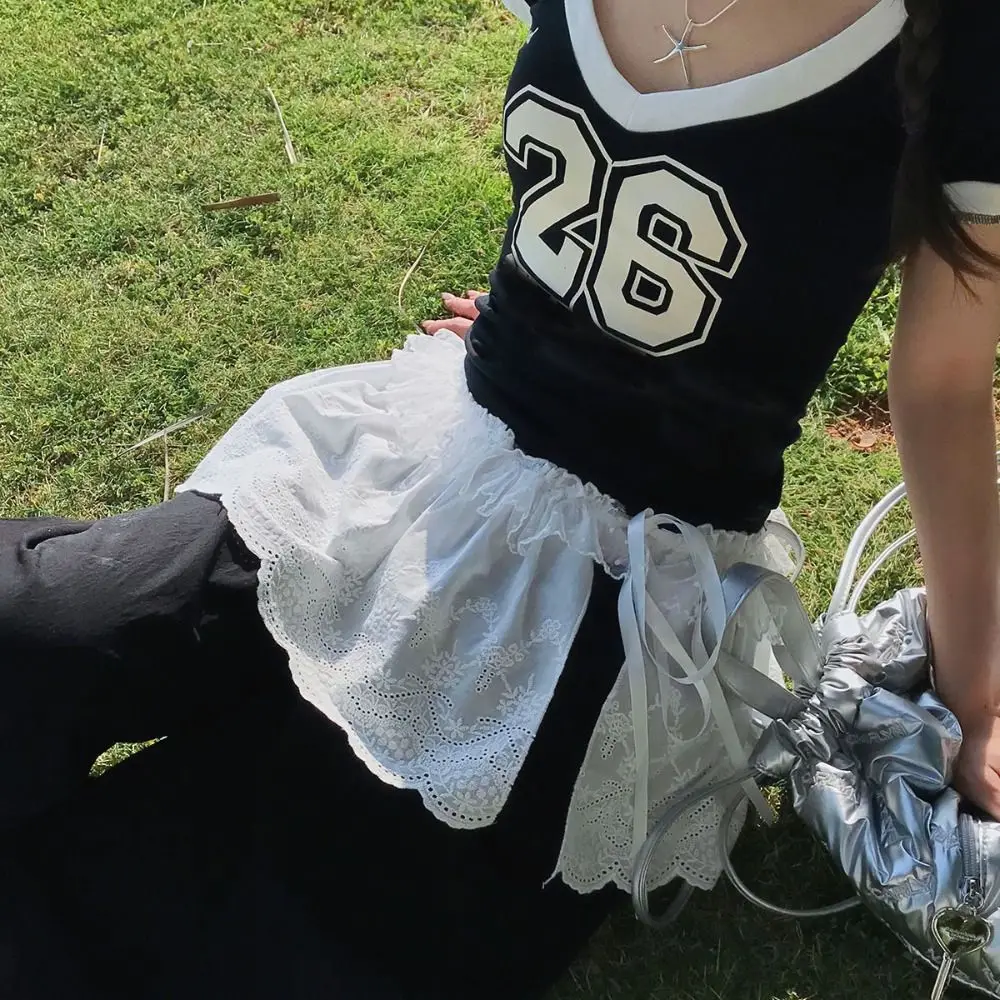 ใหม่ปักดอกไม้ลูกไม้กระโปรงมินิดูผ่าน Y2K Streetwear Ruched กระโปรง Harajuku ก้นผ้าม่านกางเกงยีนส์ตกแต่ง