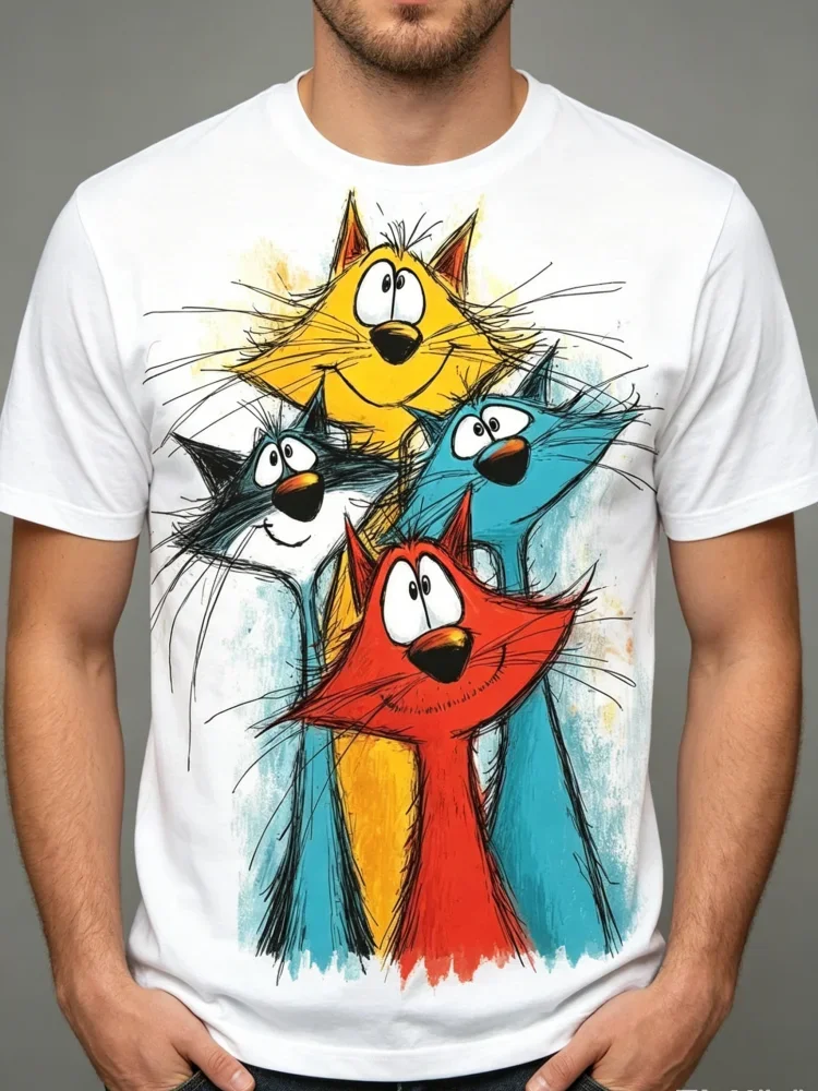 Lustiges Katzen-Grafik-T-Shirt für Herren 3D Cartoon Tierdruck Kurzarm Herren Casual O-Ausschnitt Tops Sommer Streetwear
