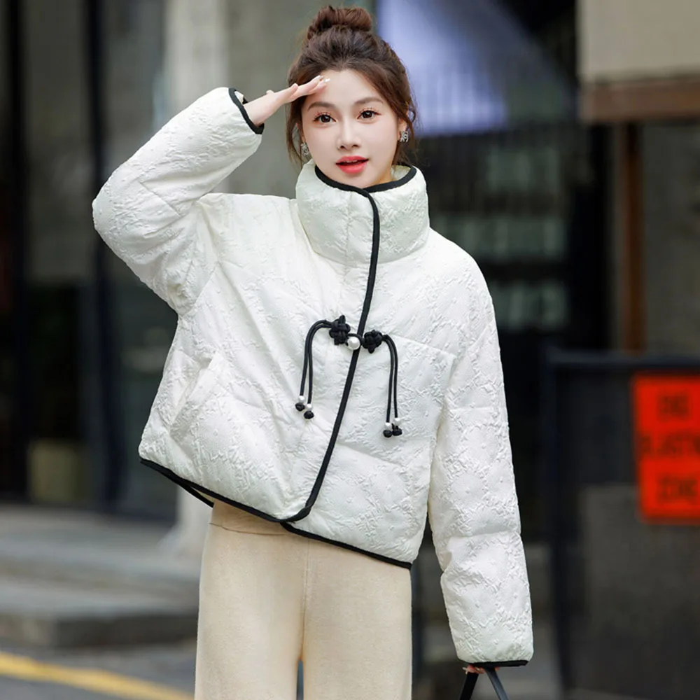 Elegant Vintage Down Jackets For Women Winter New Cotton Padded Fashion Women's Puffer Coat Female Stand Collar Parka Outerwear