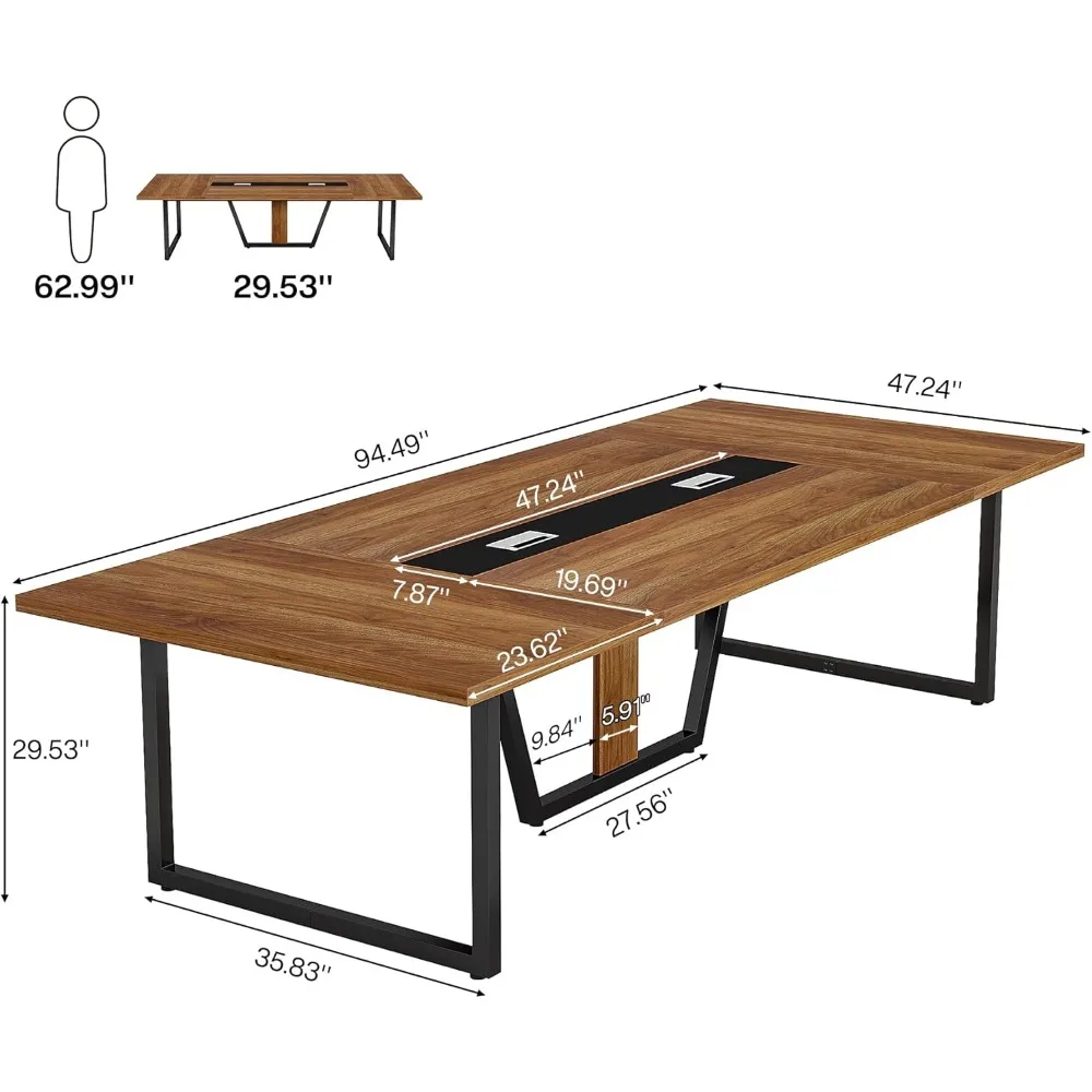 8FT Conference Table, 94.49 L x 47.24 W x 29.53 H Inches Large Meeting Table/Podcast Table for 10 People, -Brown & Black