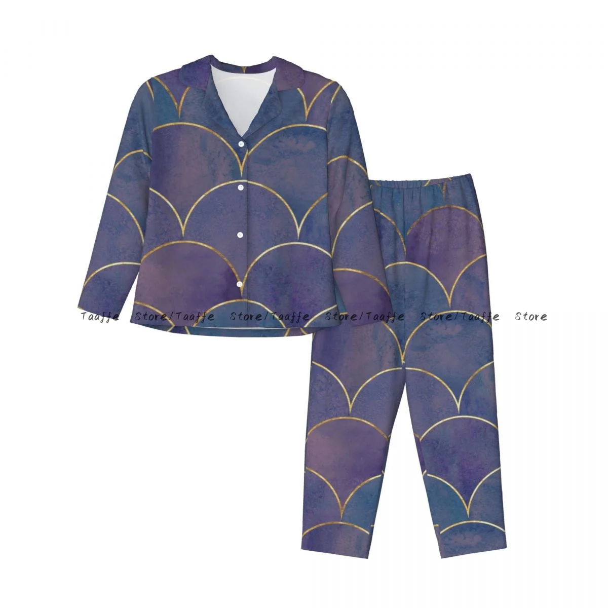 Autumn Long Sleeve Pants Pajamas Loungewear Set Purple Blue Teal Mermaid Fish Scale Wave Women's Pull Edge Loose Sleeping Suit