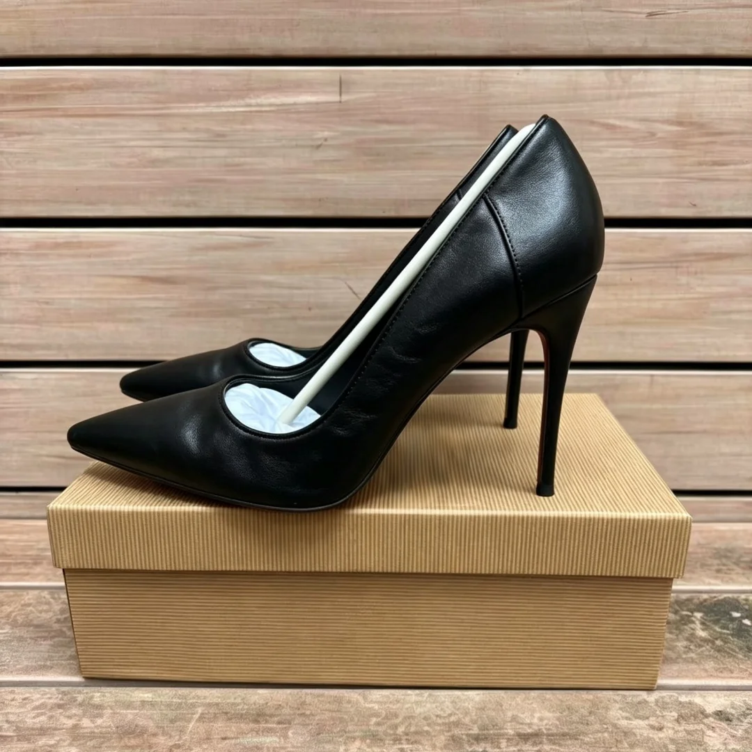Women Solid Leather Pointed Toe Stiletto Pumps Classic Red Thin Heel Slip On Office Wedding Formal Dress High Heels Nude Black