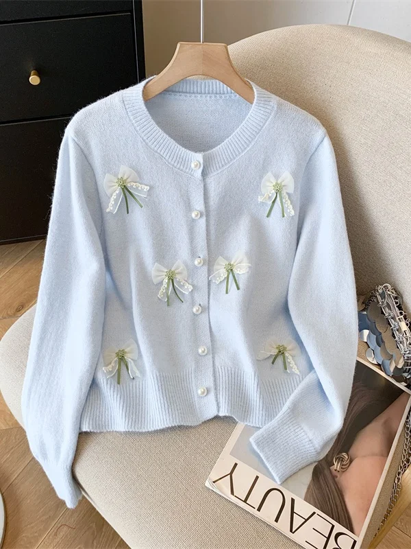 

Sweet Soft Knitted Sweater Women's Large Size Single Button Cardigan Breathable Long Sve round Ne Print Casual Knitwear