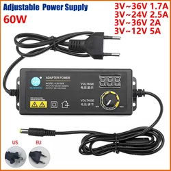 Adjustable 3V 5V 6V 9V 12V 24V 36V 1.7A 2A 5A 60W Universal AC/DC Adapter Display Screen Voltage Regulated Power Supply Adatpor