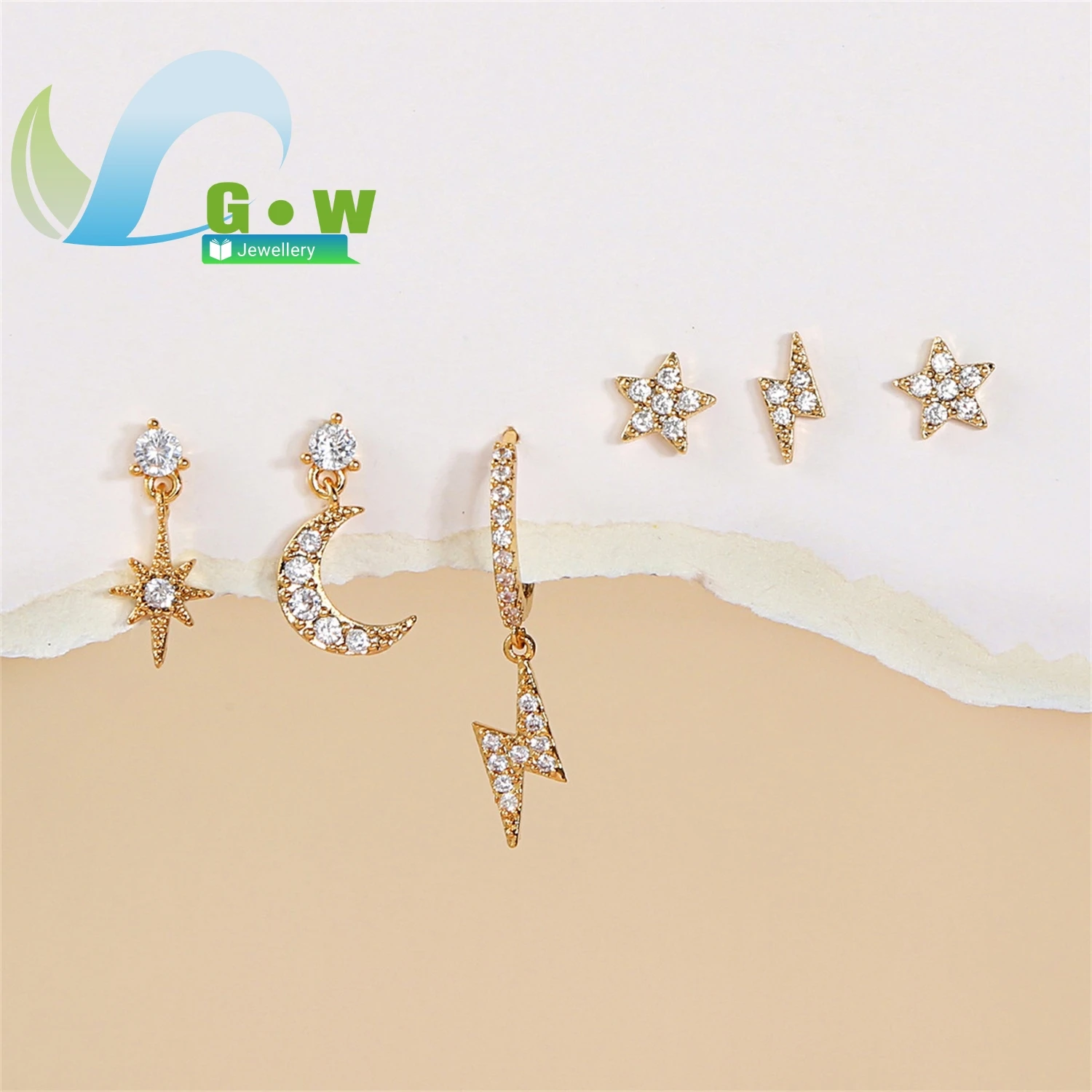 

Fashion Star Sun Lightning Zirconia Earring Set 6 Pieces 18K Real Gold Plated Ear Studs Color Retention Earrings For Women Jewel