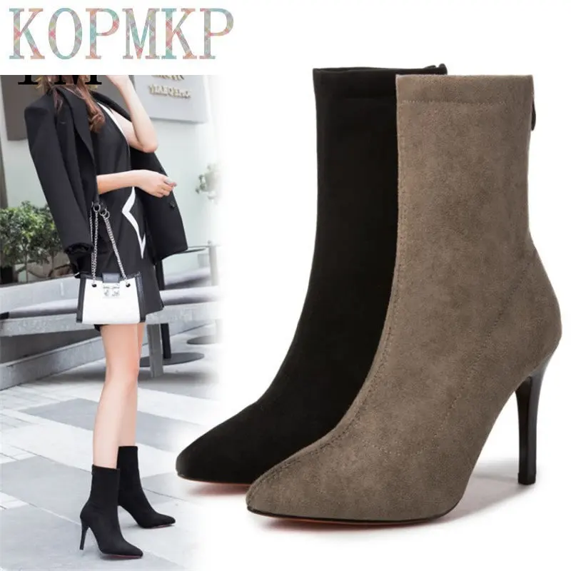 New Women Sock Boots Pointed Toe Elastic High Slip On Heel High Ankle Pumps Stiletto Botas Mujer High Boots Zapatos Muje 2018