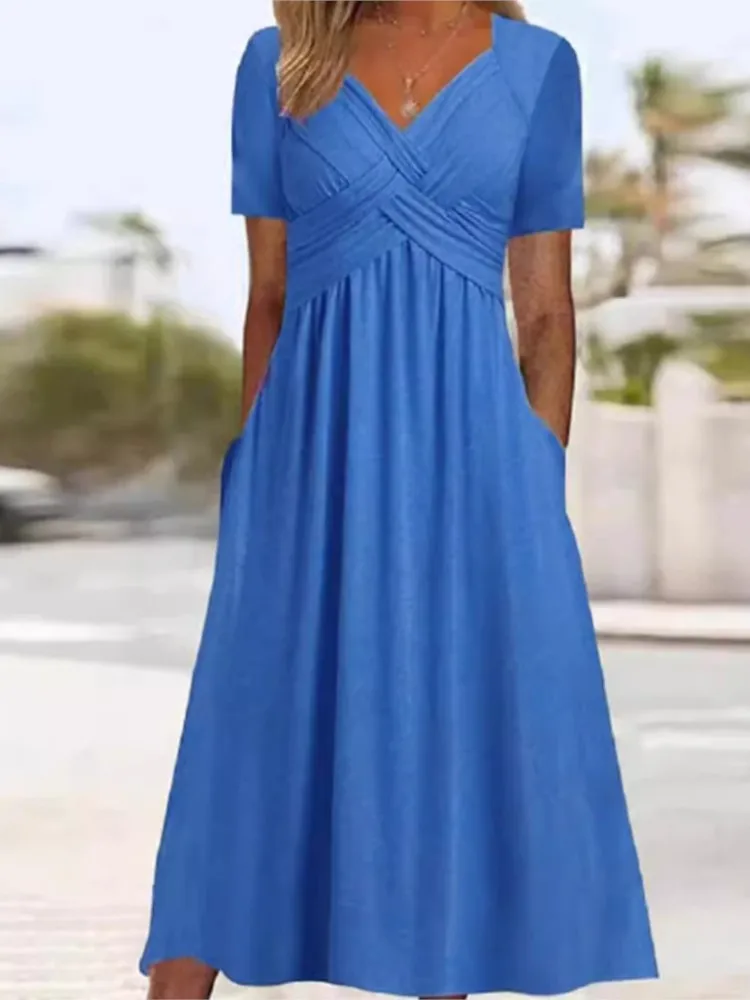 

Plus Size Summer Casual Dress Elegant Cross Bandage Long Dresses for Women Loose Solid Short Sleeve Midi Dresses with Pockets