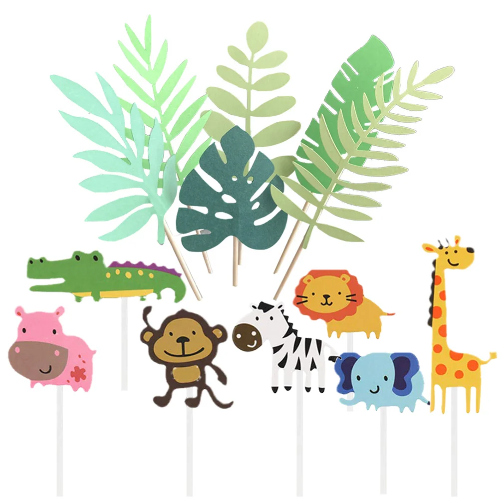 

26pcs Jungle Birthday Party Cake Topper Decorations Safari Animals Cupcake Toppers Tropical Palm Leaves Monstera Leaves