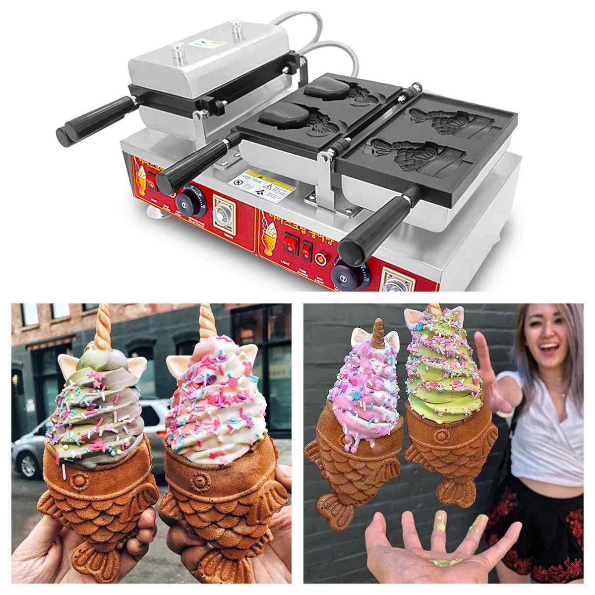 4PCS Japanese Ice Cream Taiyaki Fish Open Mouth Waffle Maker Machine Street Snack Waffle Making Machines Kitchen Appliance
