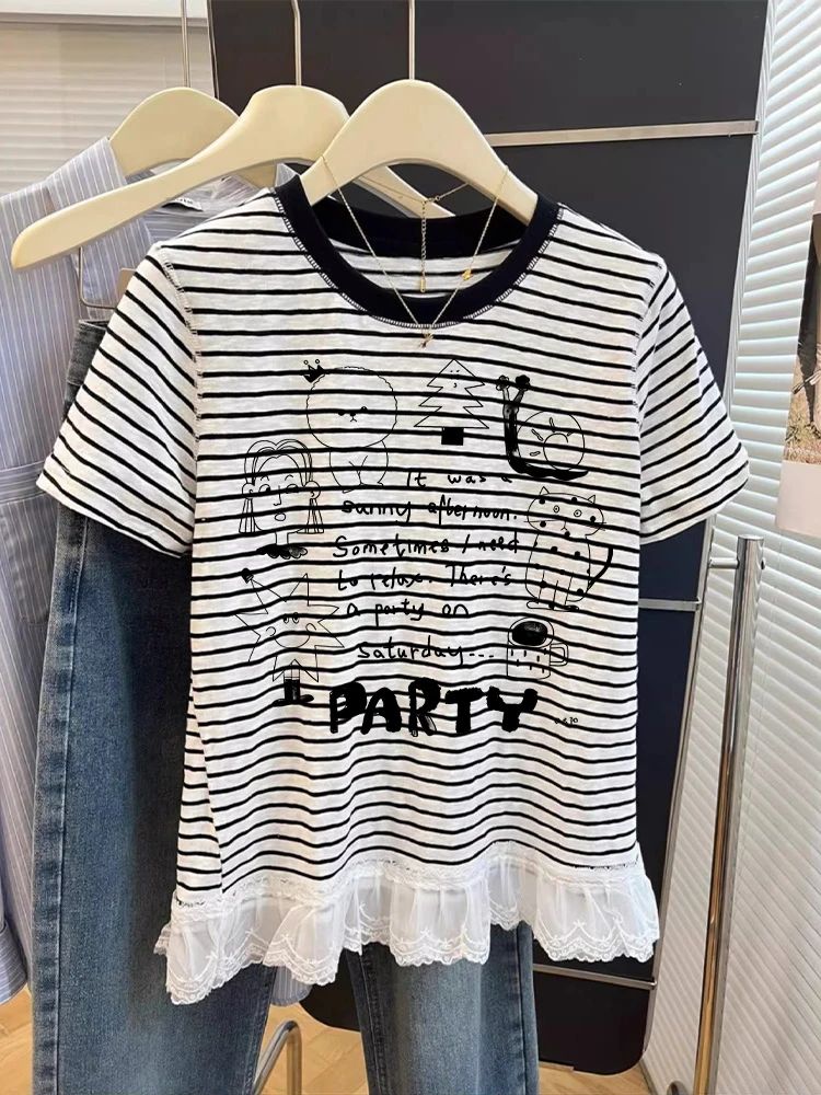 Retro Print Splice ort Sve T-irt ex Summer Korean Sle Casual Striped oulder Top Moisture ng Regular Fit