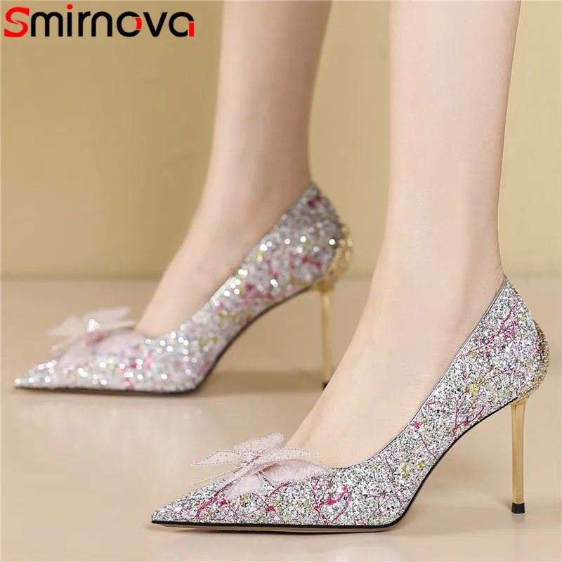 

Smirnova 2023 New Elegant Ladies Dress Butterfly Knot Shoes Slip On Synthetic Pointed Toe Pumps Stilettos High Heels Women Shoes