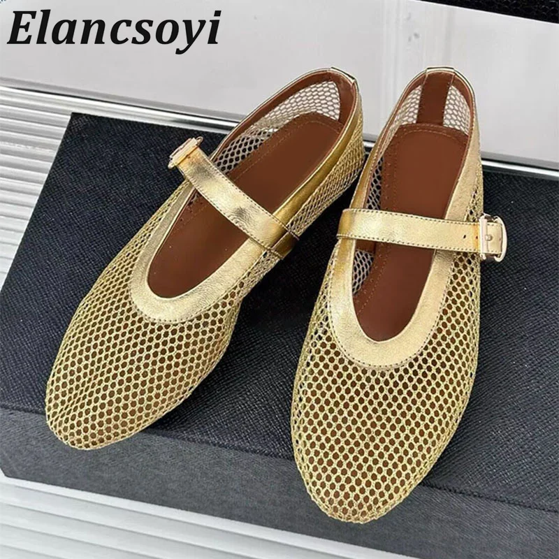 

Spring Summer Round Toe Mesh Breathable Flat Shoes Women's Belt Buckle For Lazy Loafers Soft Soled Comfortable Ballet Shoes