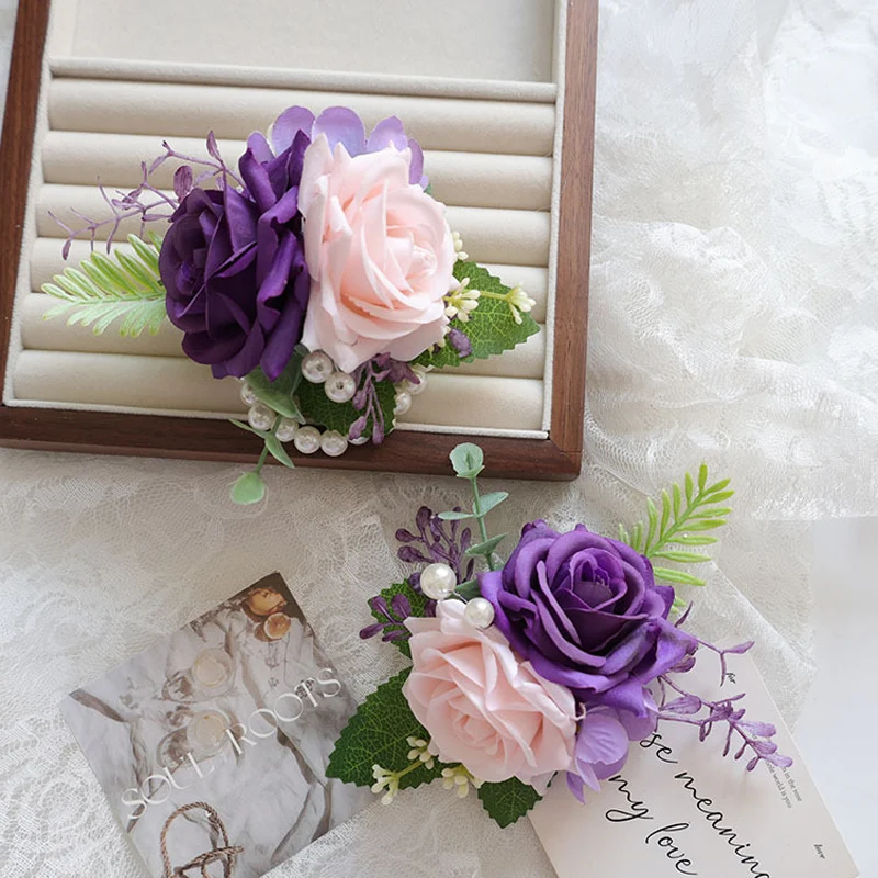 

25037 Pink purple Bohemian Rose Flower Boutonniere and Wrist Corsage Perfect for Brides Groomsmen and Wedding Decorations