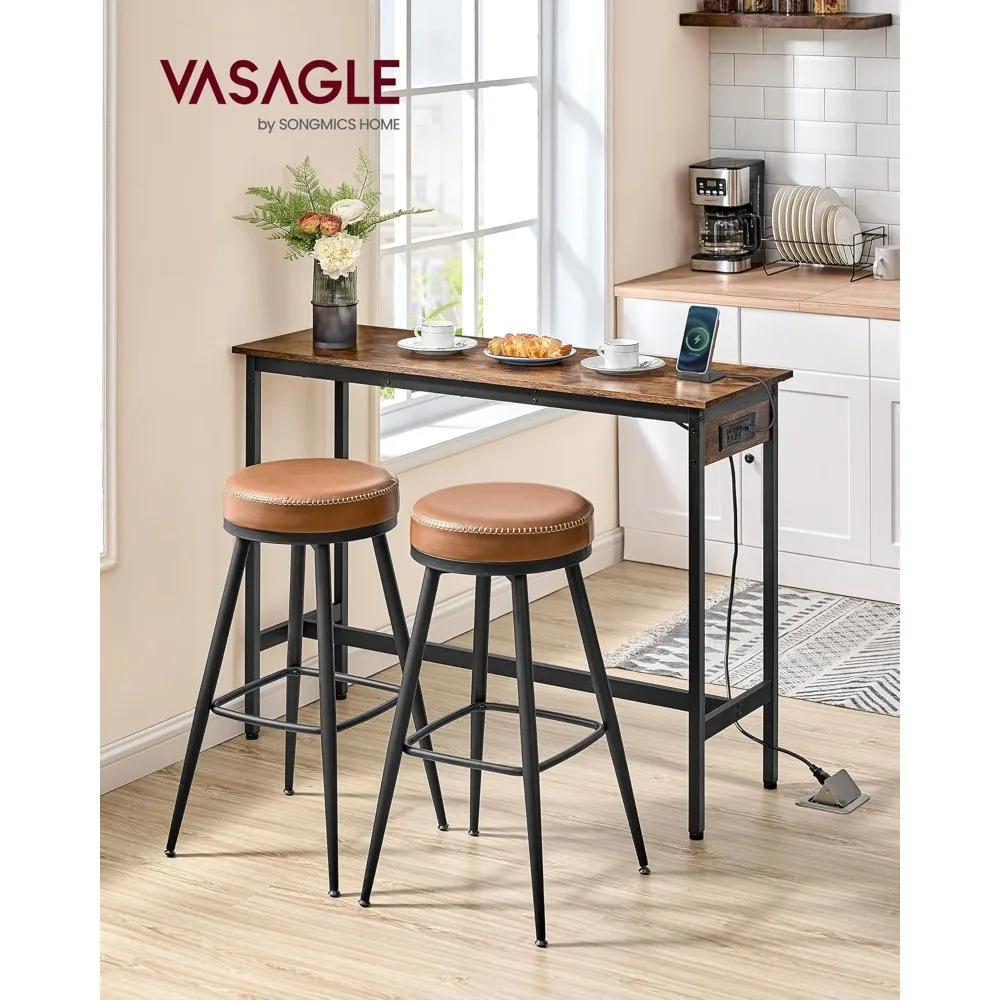 Bar Table, Narrow Long Kitchen Dining Table with Charging Station, Sturdy Metal Frame, Industrial, 15.7 x 47.2 x 35.4 Inches, R
