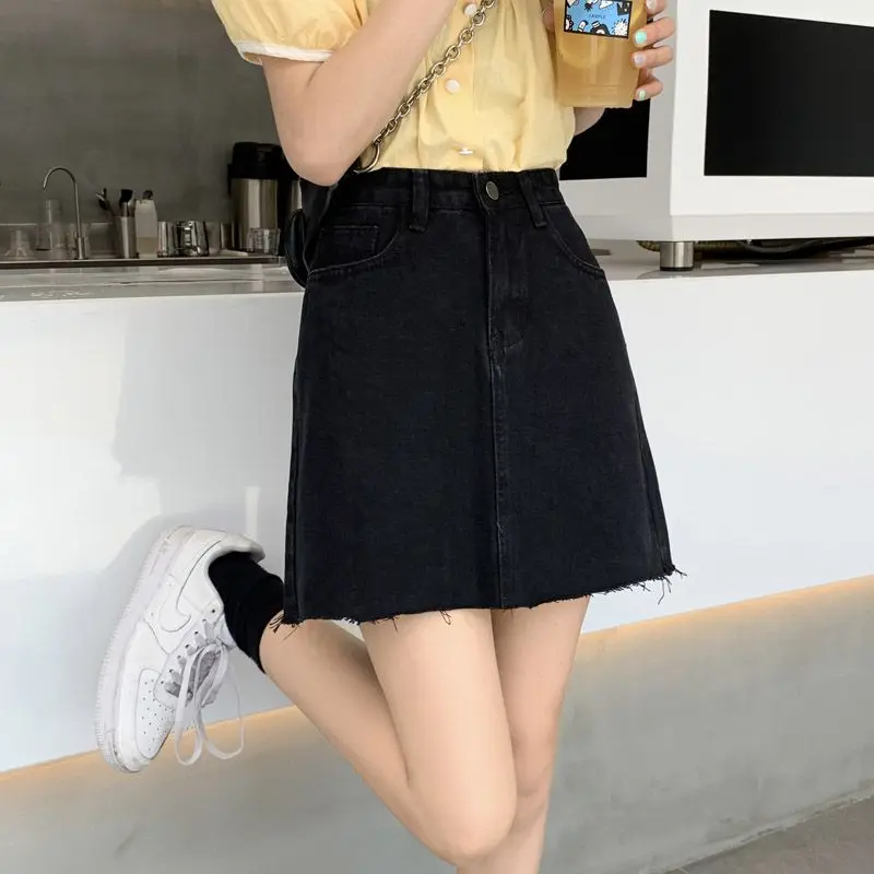 Women's 2026 Spring New Arrival Light Blue Vintage Frayed High Waist A Line Bodycon Slimming Denim Mini Skirt