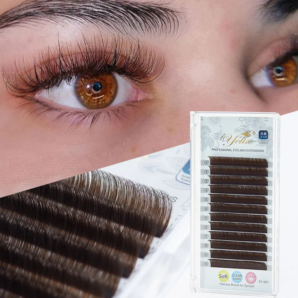 Yelix Brown Easy Blooming Lashes Soft Silk Easy Fanning Eyelash Extensions Dark Brown Lash Extensions Faux Mink Lashes Natural