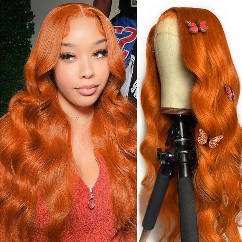 

Парик из натуральных волос 13x6 Ginger Orange Body Wave с прозрачной кружевной передней частью 13x4, 36 дюймов, с предварительно выщипанной линией роста волос