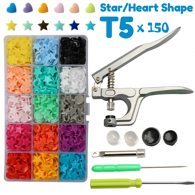 

Набор кнопок-защелок в форме звезды/сердца с плоскогубцами, 150 комплектов кнопок T5 для шитья, рукоделия, ремонта и декорирования одежды, подгузников, нагрудников