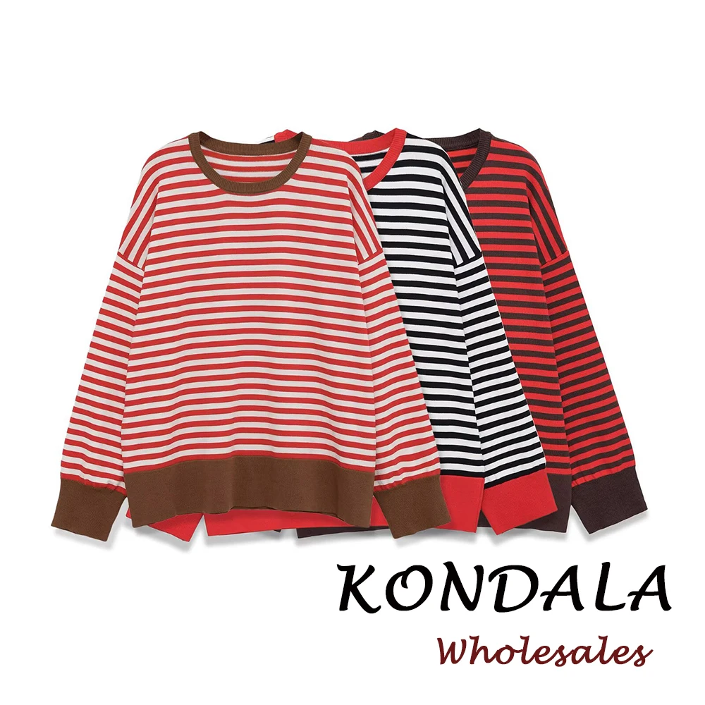 KONDALA Schickes Gestreiftes Lässiges Patchwork Frühlings-Damen-T-Shirt Mode 2026 O-Ausschnitt Streetwear Mujer Lockeres Langarm-Oberteil für Frauen
