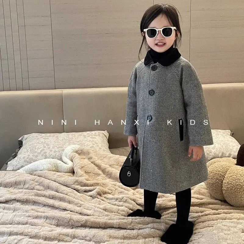 

Children Cotton Clothes Winter Autumn Girls Retro Lapel Stripe Princes Party Jacket Long Coat Warm Kids Woolen Overcoat Windcoat