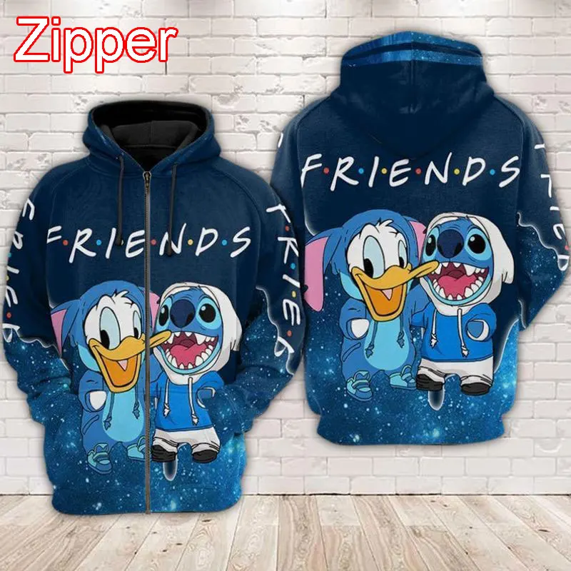 Stitch And Donald Duck Men Zip Up Hoodie Cartoon Anime Cool Women Oversized Sweatshirt Spring Autumn Children Clothing Coat