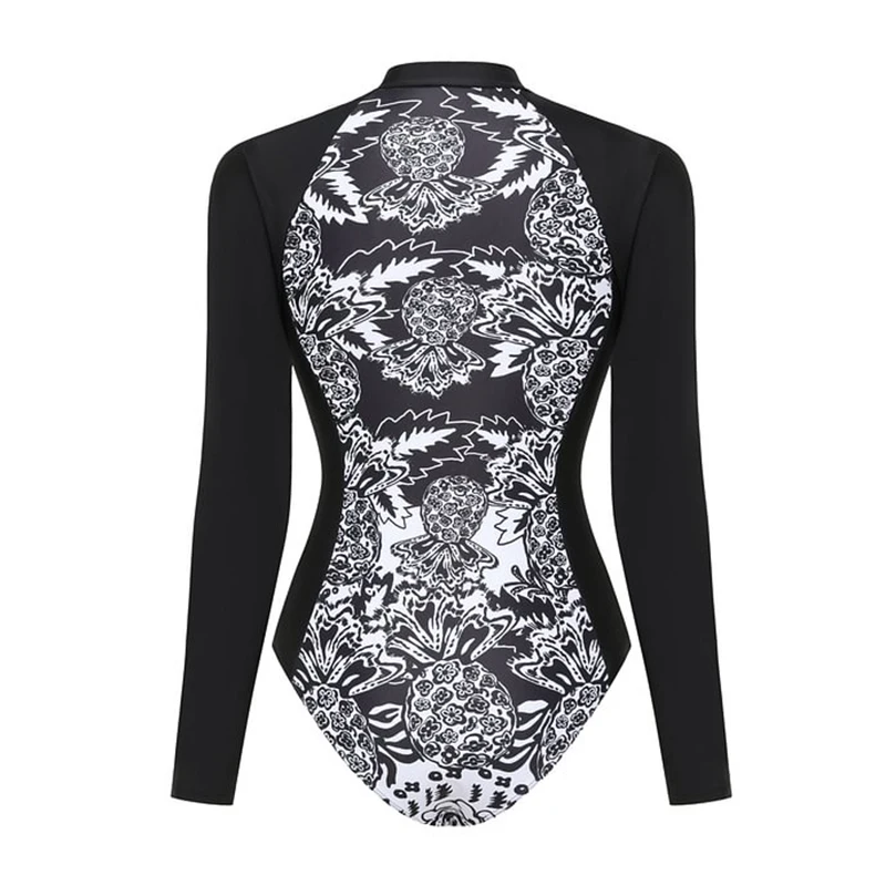 Surfing Sport Swimsuit Color Block Printed Long Sleeve One Piece Surf Swimsuit and Skirt Monokini Bathing Suit Bodysuit