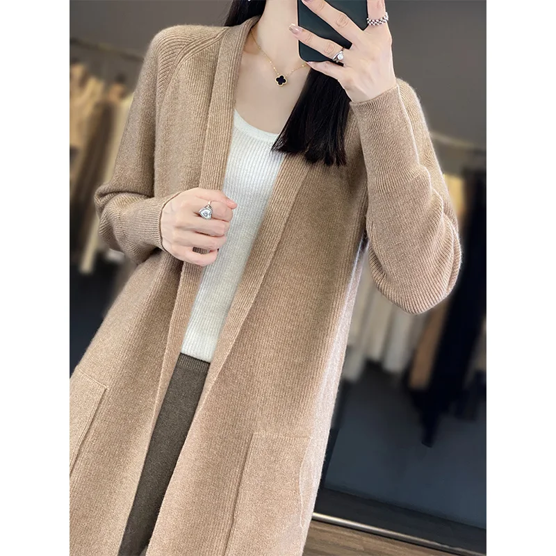 Pure Cashmere Cardigan Jacket Women\'s Medium Length Thickened Pocket Scarf Collar Versatile Wool Knit Outer Layer Sweater