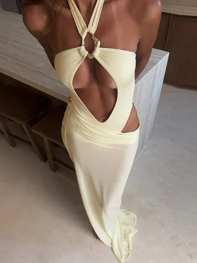 

Summer Skirt Two Piece Set Women Fashion Hollow Out Halter Bodysuit And Maxi Skirt Female Elegant Beach Two Piece Set