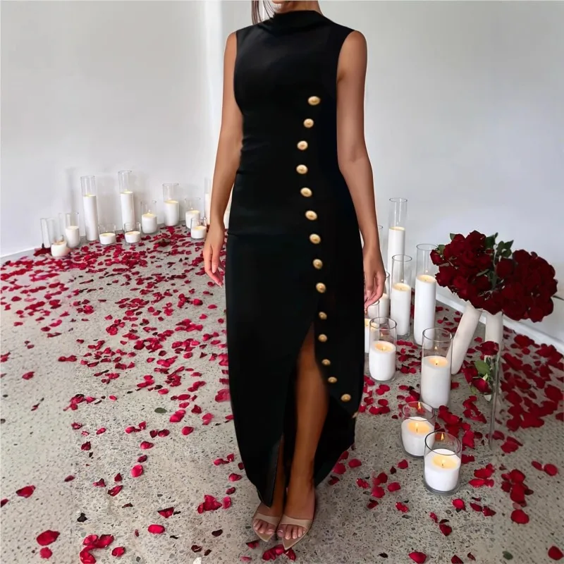 

Новинка: Женское летнее элегантное вечернее платье-жилет без рукавов, однотонное, с боковым разрезом, на пуговицах, для торжественных случаев