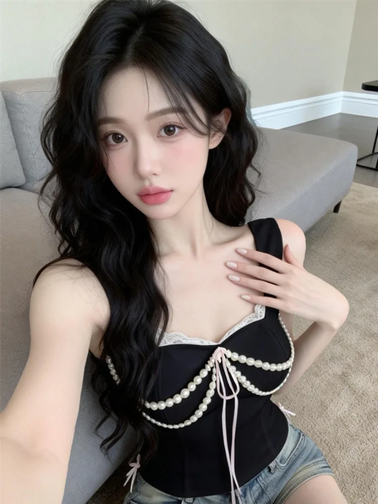 

Pure Desire Lace Splice Pearl Strap Vest Women's Spring Summer New Style Waist Cinching Slimming Base Shirt Top