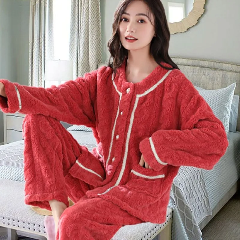 2024 New Coral Velvet Pajamas Women Autumn Winter Fleece Thickening Sleepwear Middle-aged and Elderly Mothers Flannel Loungewear