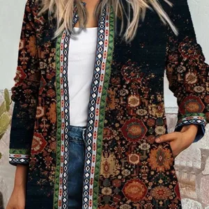 Herbst Winterfarbe Fashion Boho Blumendruck Offene vordere lässige lässige lockere Langarmjacke mit langem Ärmel 10 Hauptverkaufsmantel Major Early Floral - №3