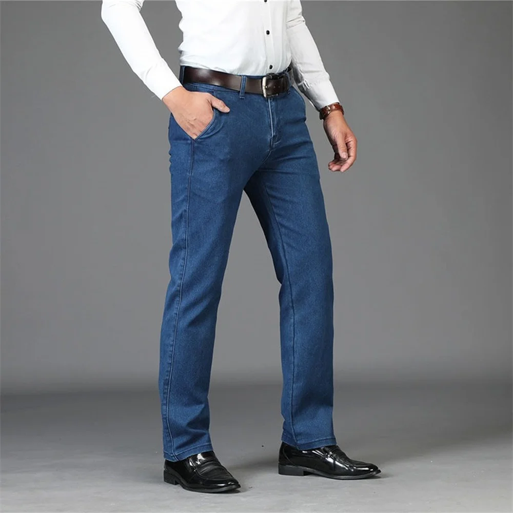 Spring Autumn High Waist Jeans Men Stretch Brand Male Baggy Denim Pants Classic Black Blue Mens Quality Business Jeans Trousers