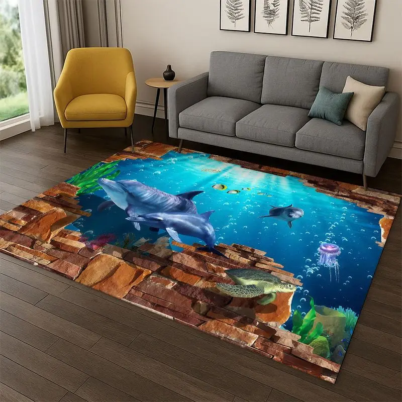 3D Illusion Underwater World Marine Life Shark Dolphin Cartoon Carpet Rug for Bedroom Living Room Sofa Doormat kids Non-slip