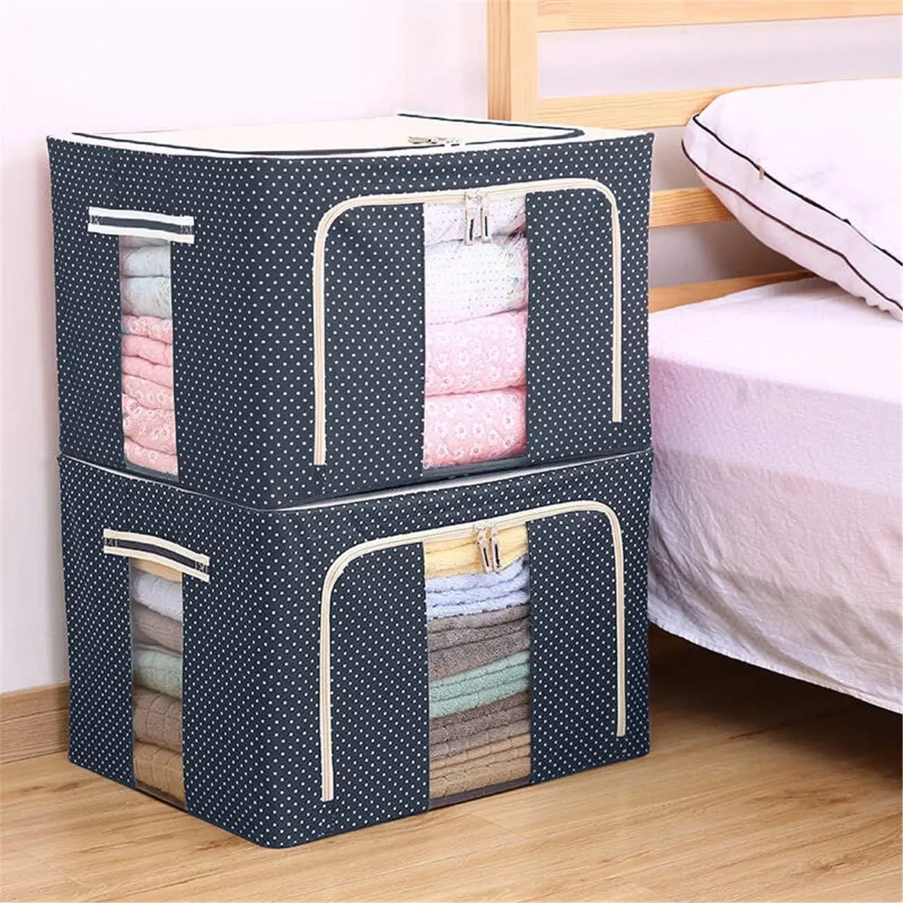 Foldable Stackable Container Organizer Metal Frame Basket Set with Large Clear Window & Carry Handles for Bedding,Clothes