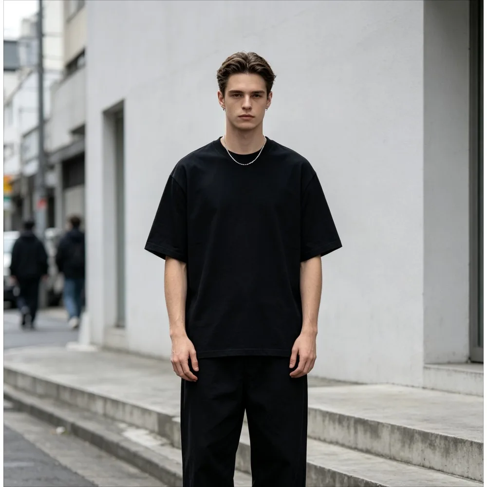 Blank Solid Black Plain Crew Neck T-shirt Men Basic Cotton Loose Short Sleeve Minimalist Oversized Daily Casual Streetwear Top