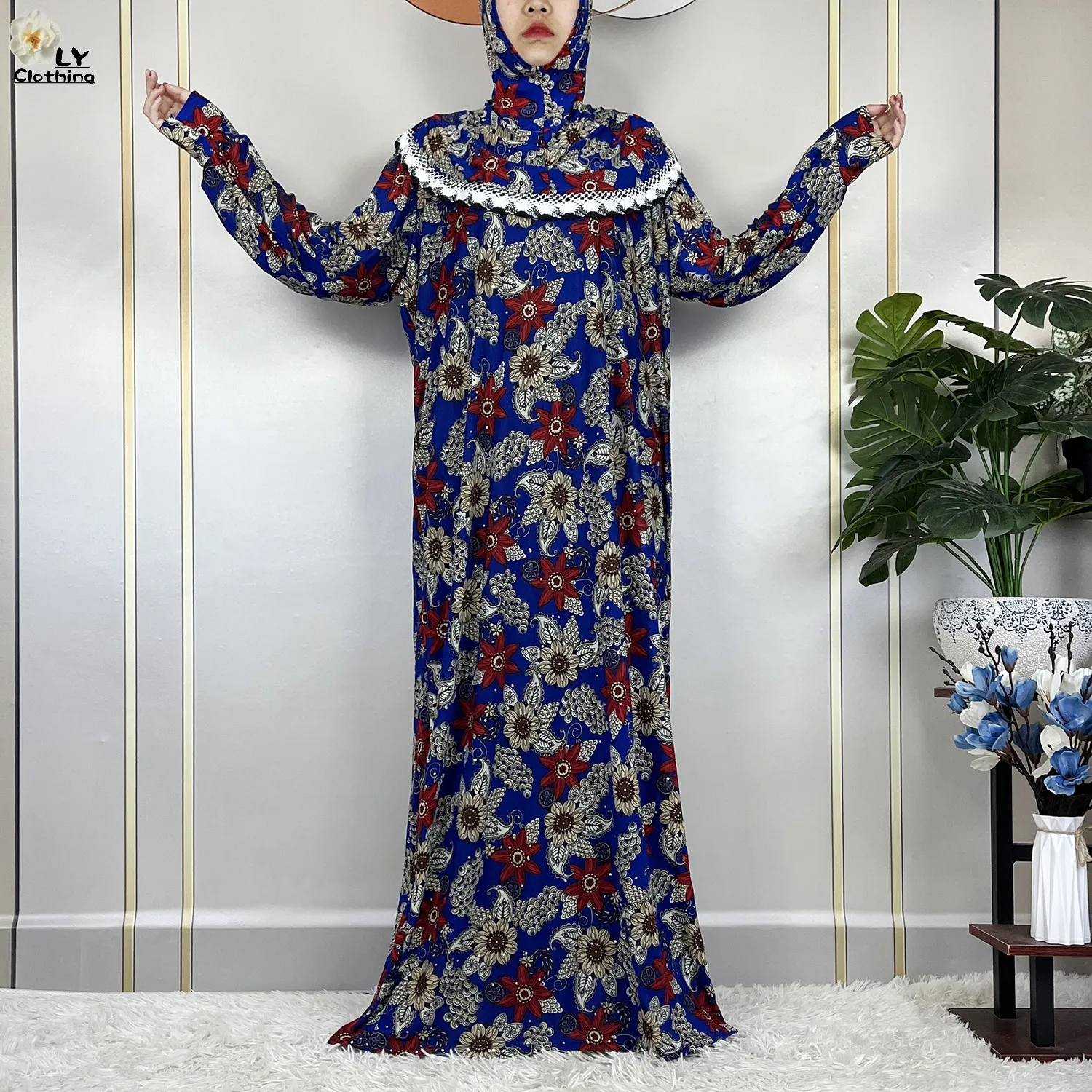 Vestido de manga larga con estampado Floral para mujer, Túnica suelta de Ramadán musulmán, pañuelo para la cabeza, Dubai, Turquía, Oriente Medio,