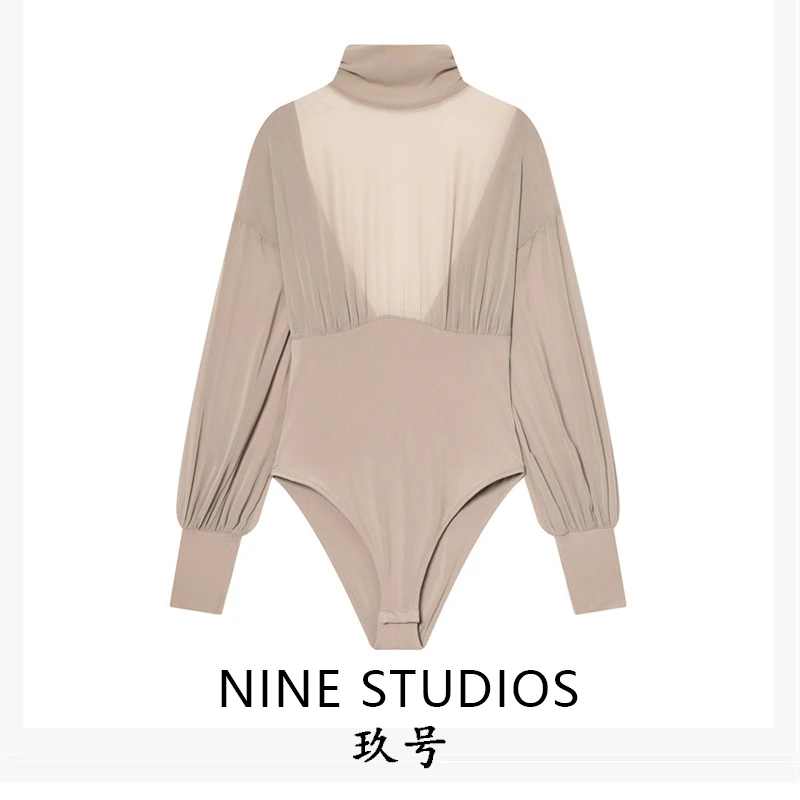 

NINE ZAR Women's Lace Bal High Collar One-Piece Casual Sexy Design Commute Straight Cut High Waist ort Pants Polyester