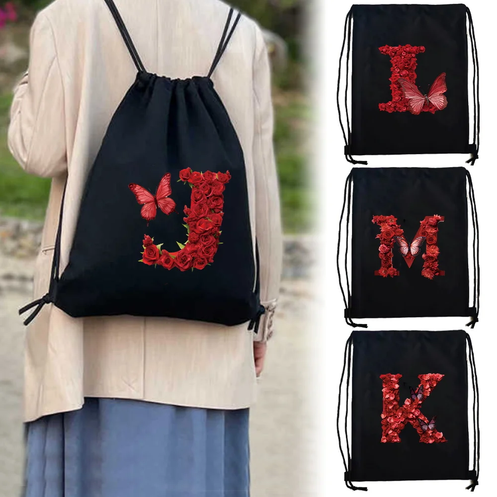 Slim Canvas Drawstring Backpack Red Rose Letter Print Sport Shopping Bag Gym Storage Lightweight Sack