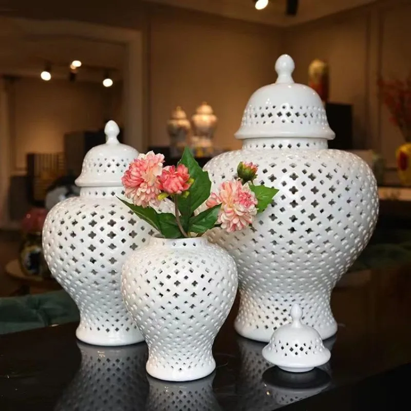 European White Hollow Ceramic Vase with Plum Blossom Carving Decorative Jar Tabletop Dried Flower Vase Indoor Craft Decoration