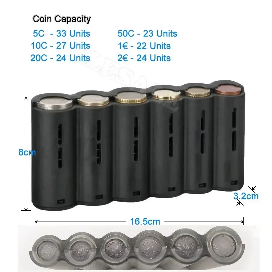 Dispensador de monedas Euro con 6 ranuras, monedero multibolsillo, billetera de cintura con bolsillo con cremallera, clasificador de monedas, coleccionista, caja fuerte para monedas de recibos en efectivo