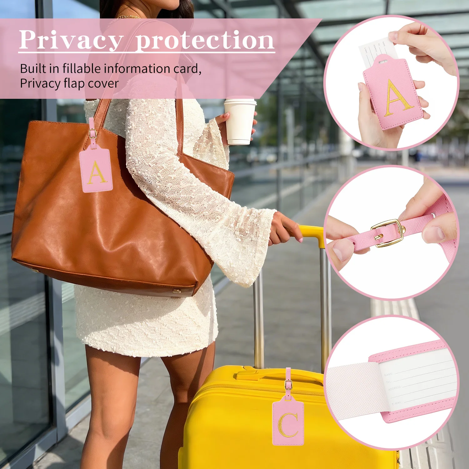 MIYIN 26 Letters Luggage Tags for Suitcases PU Leather Privacy Protection Bag Tags Travel Accessories Essential, Pink