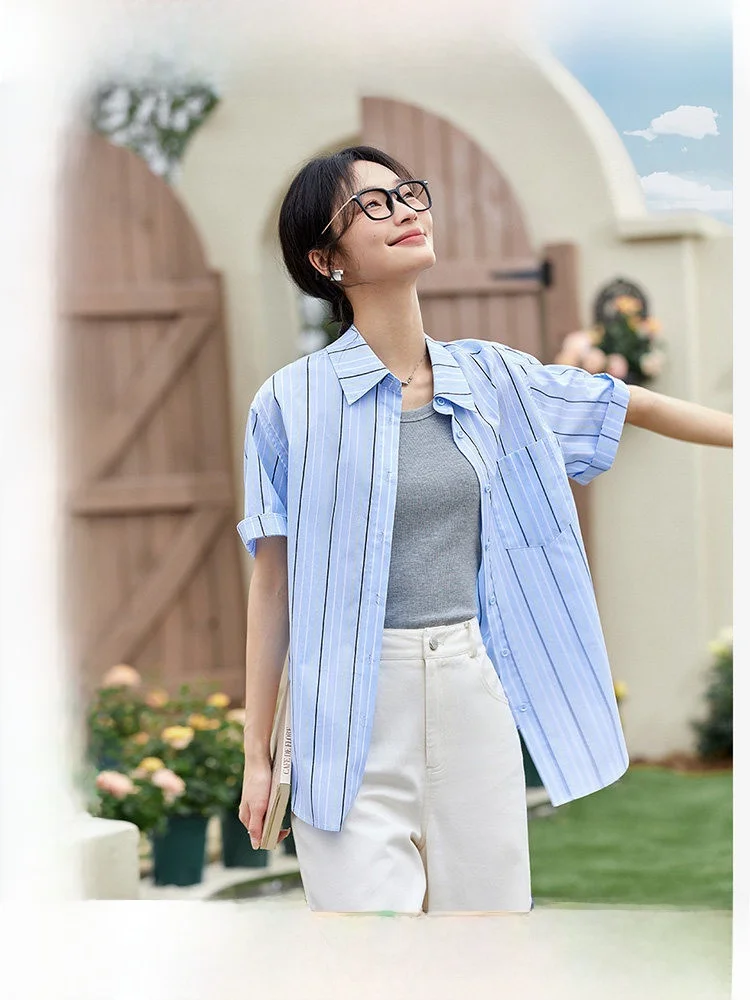 

Женская повседневная хлопковая рубашка в полоску с отложным воротником, свободного кроя, для работы, летняя новинка 2026, на пуговицах, кардиган