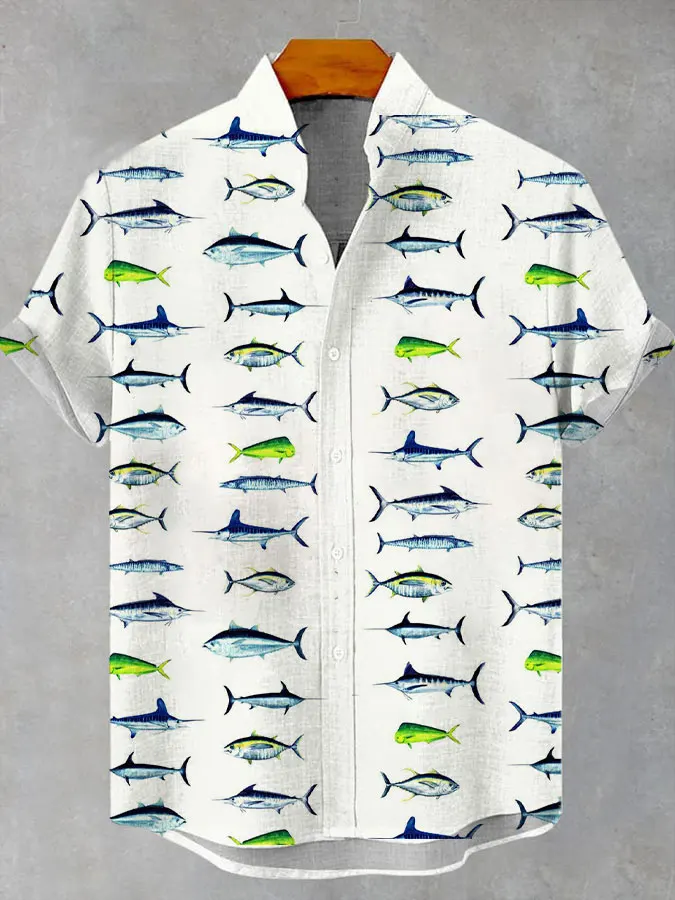Fashion Men\'s Casual Sea Life Graphic Short Sleeve Shirts Button Down Lapel Shirts Oversized Tops Casual Hawaiian Shirt for Men